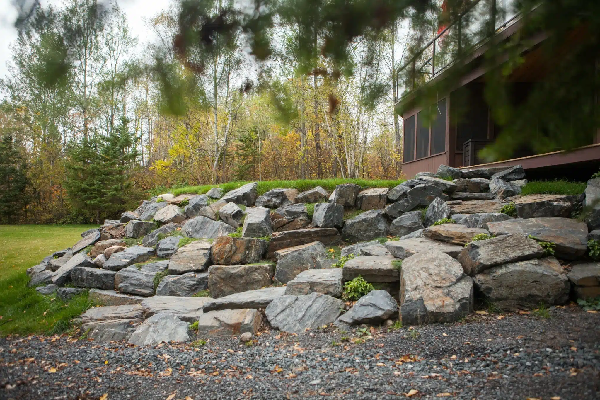 Stone retainer wall detail for cabin property.