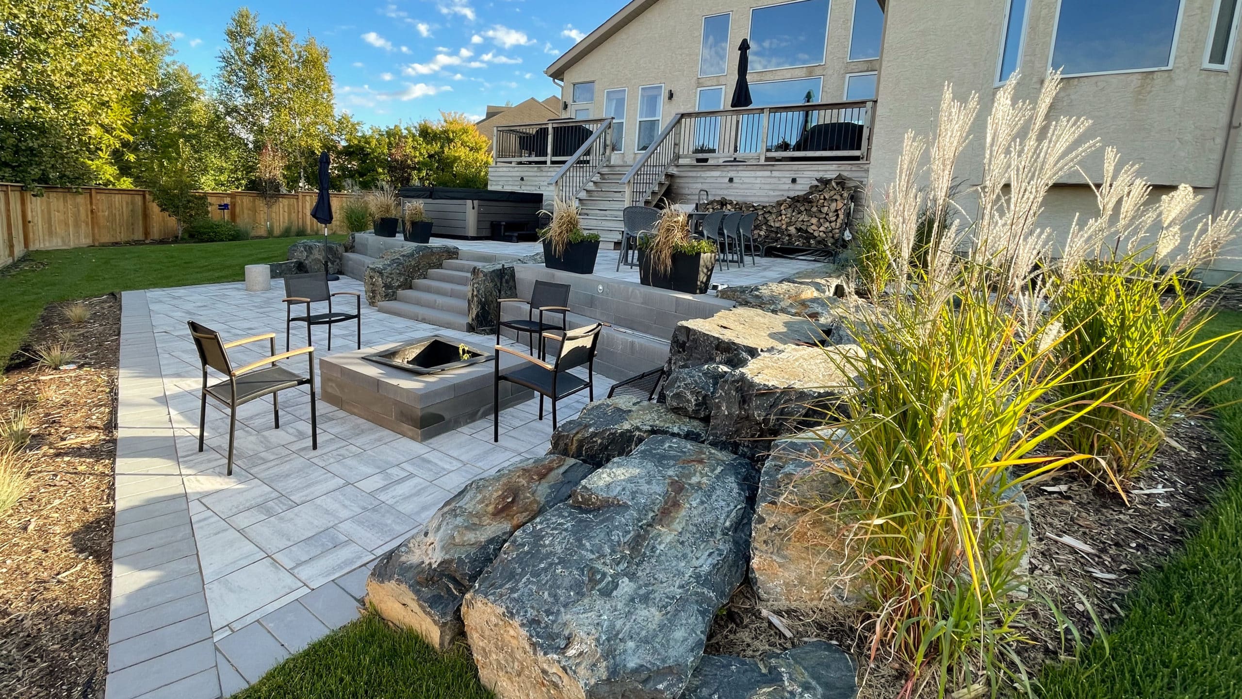 Winnipeg landscaped backyard, with stone patio & fire pit, elevated deck, rock features, planting beds and wooden fence.