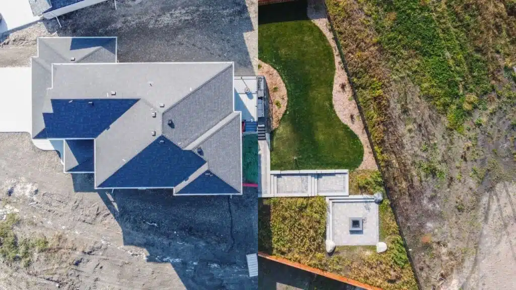 Aerial view of before and after landscaping work on home