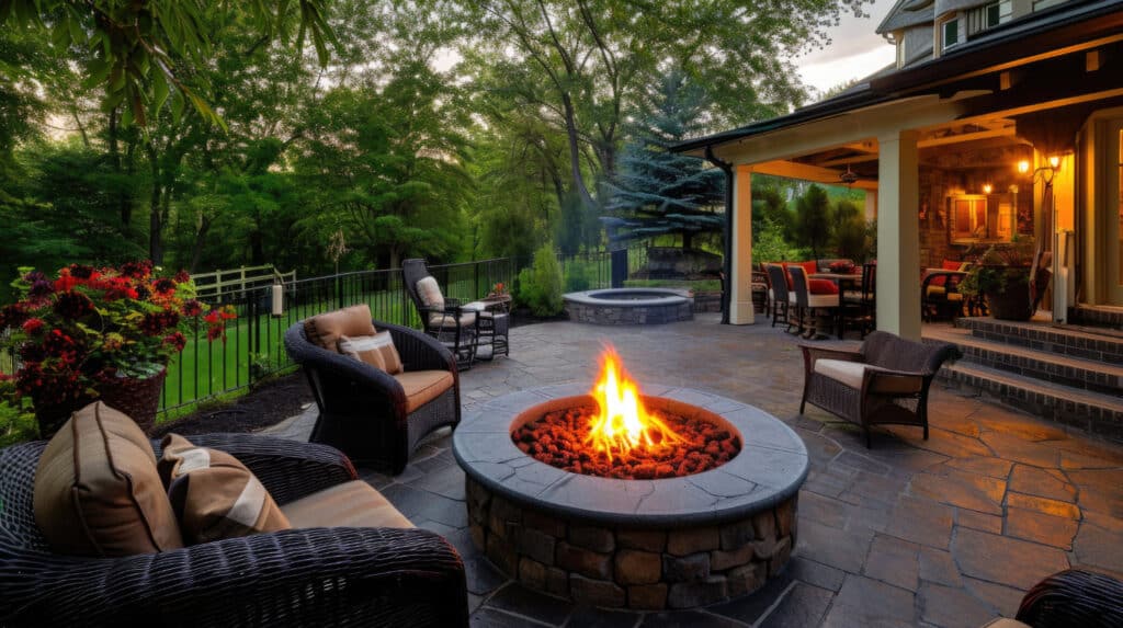 A stone patio with a fire pit, wicker furniture, and lush landscaping at dusk