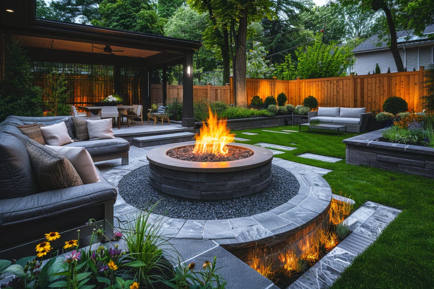Modern backyard with outdoor seating, fire pit, and landscaping at dusk.