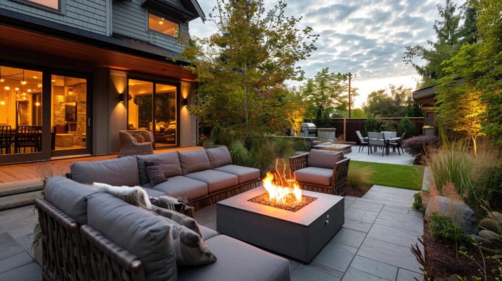 Modern backyard patio with fire pit, sectional sofa, and lush landscaping