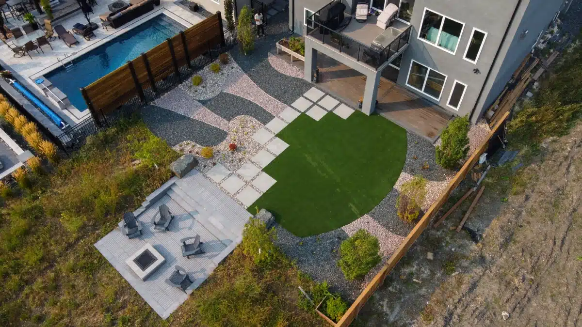 Aerial view of completed project; new patio, path, and fireplace.