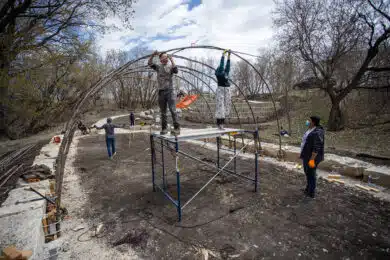Men working on scaffolding.
