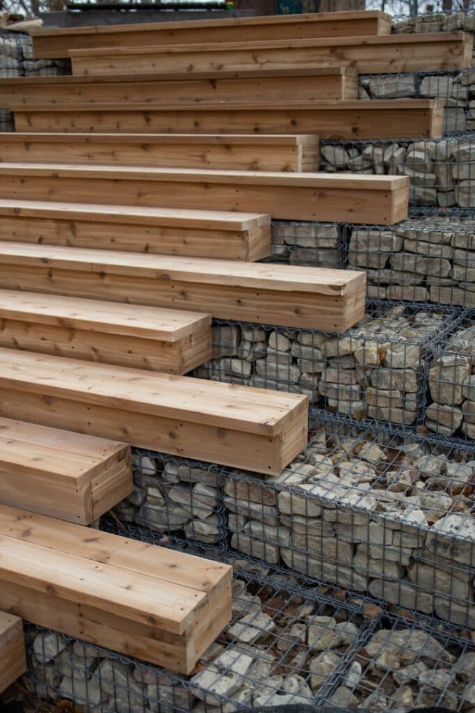 Close-up of wooden steps.