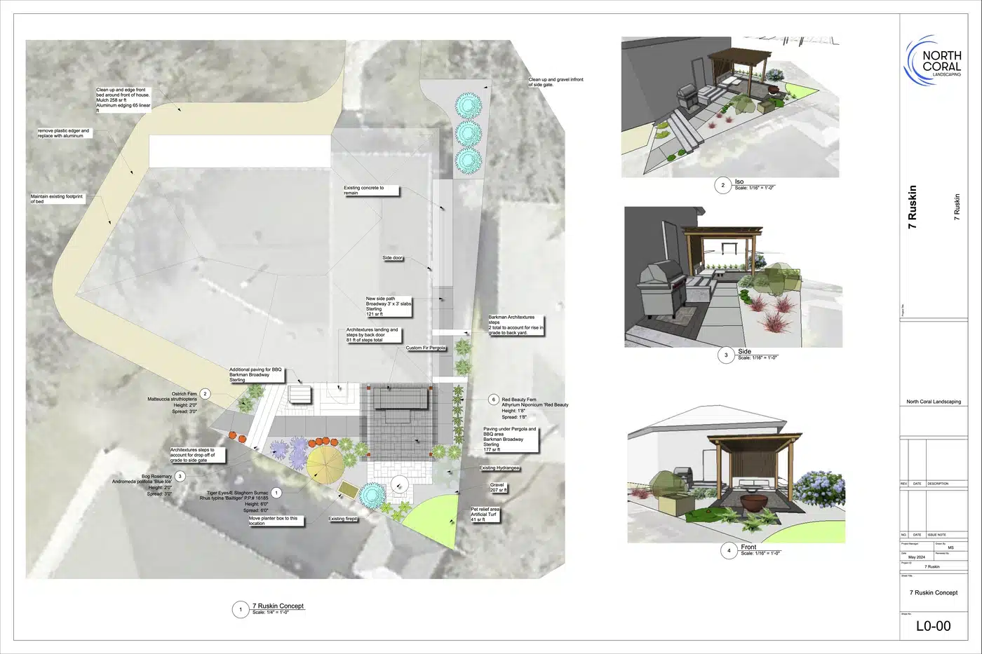 Landscape design plan showing a backyard renovation with a new pergola seating area, architectural paving stones, garden beds, and a barbecue zone.