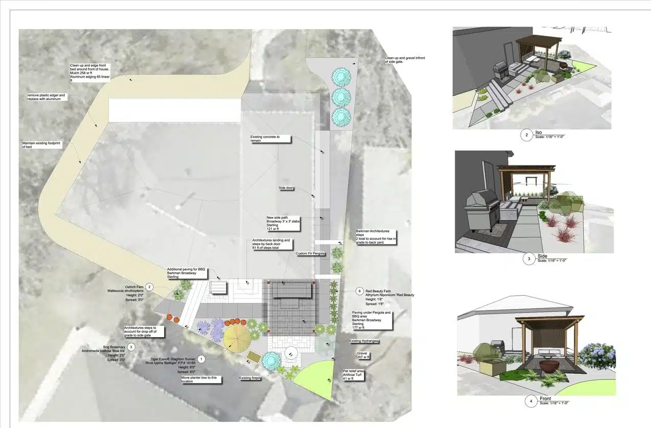 Landscape design plan showing a backyard renovation with a new pergola seating area, architectural paving stones, garden beds, and a barbecue zone.