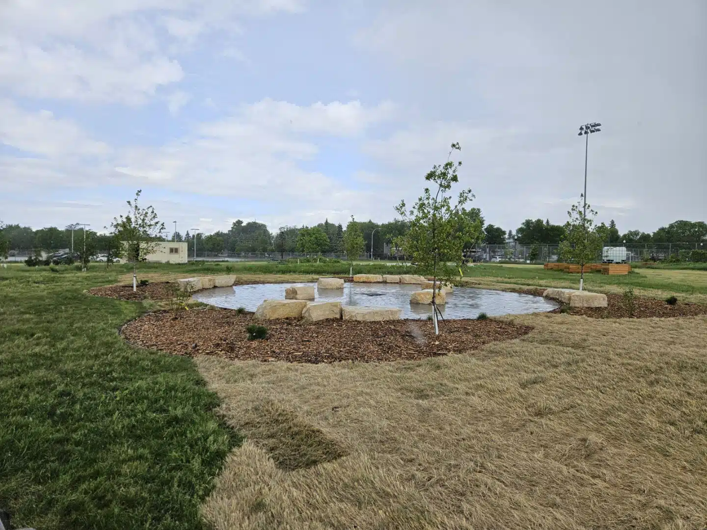 Landscaped pond surrounded by limestone rocks, trees, mulch and grass